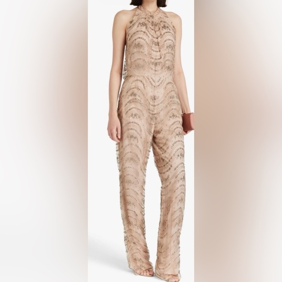 Valentino Runway Beaded Halter Jumpsuit – Blush Nude Couture Elegance – Size 6 - Picture 3 of 16